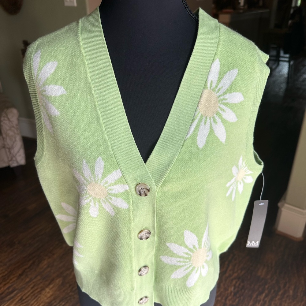 My Michelle Light Green Floral Cardigan Vest